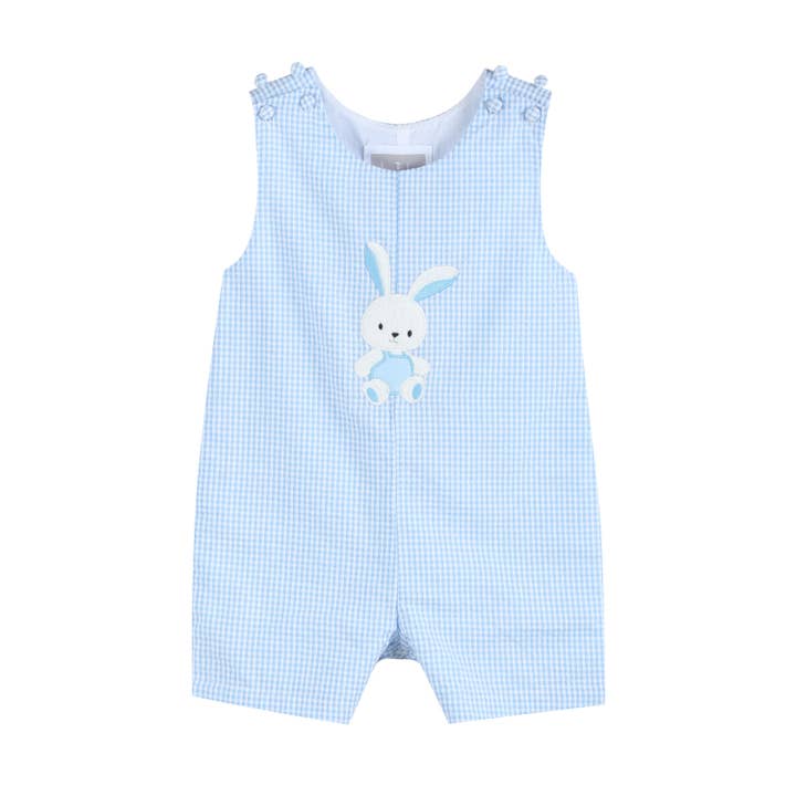 Light Blue Gingham Easter Bunny Applique Shortalls for wholesale by Lil Cactus