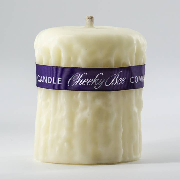 #09 – Signature Drip Pillar – Ivory Beeswax Candle for wholesale by Cheeky Bee Candle Company Inc.