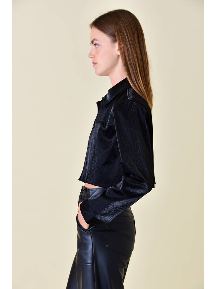 Black VEGAN LEATHER BUTTON DOWN CLOSURE SEMI CROP JACKET-OI6010FO for wholesale on Faire6