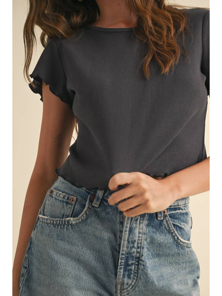 MIOU MUSE - Wholesale Blouse - Women's - T4866 MINI WAFFLE FABRIC SHORT SLEEVE TOP14