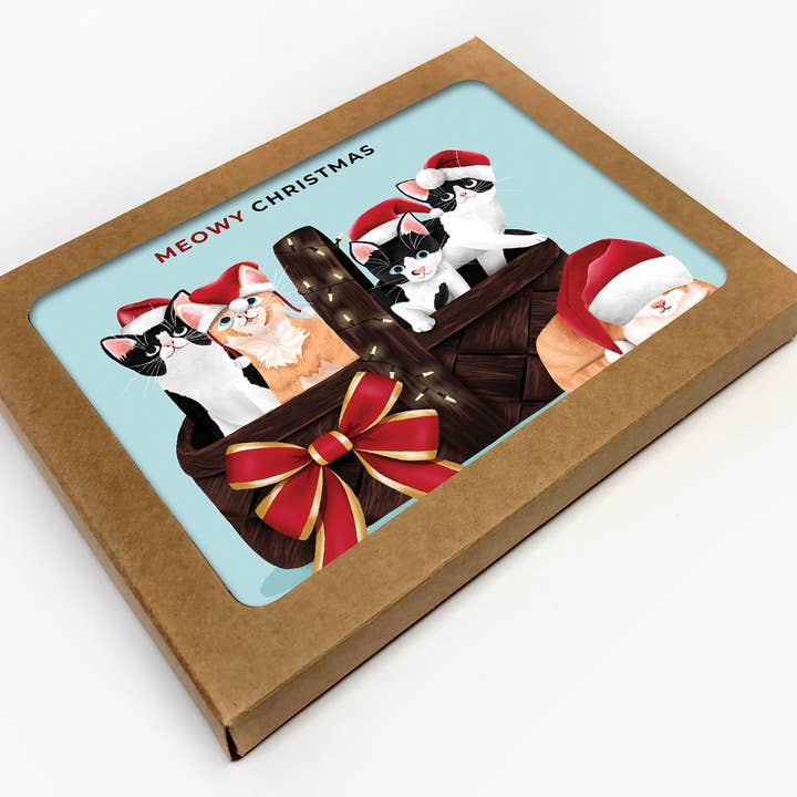 Meowy Christmas Pun Holiday Card Set of 10 for wholesale by RachIllustrate