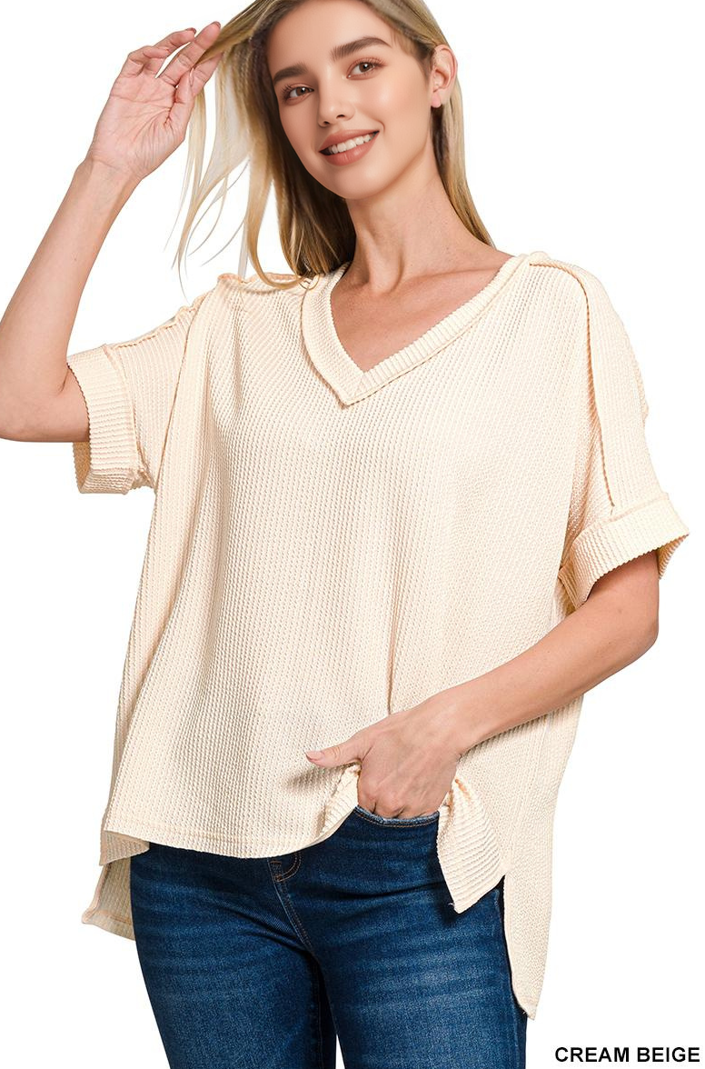 42POPS – wholesale Stickad topp - Dam – .Corded Rib Kortärmad Topp med Rå Kant60