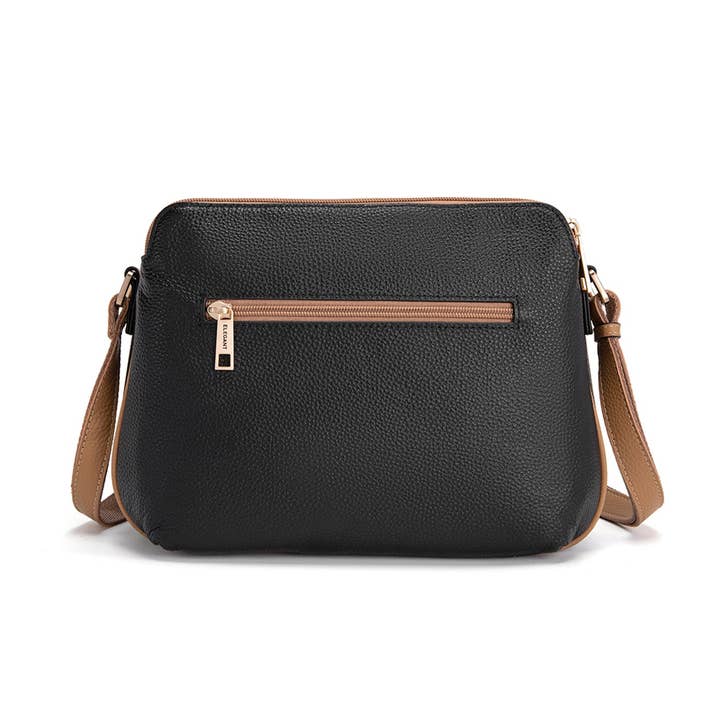 Serenade Beverly Hills Collection - Wholesale Crossbody Bag - Women's - BROOKE TRIPLE COMPARTMENT LEATHER XBODY BAG- E1-0828-BLK/CAM2