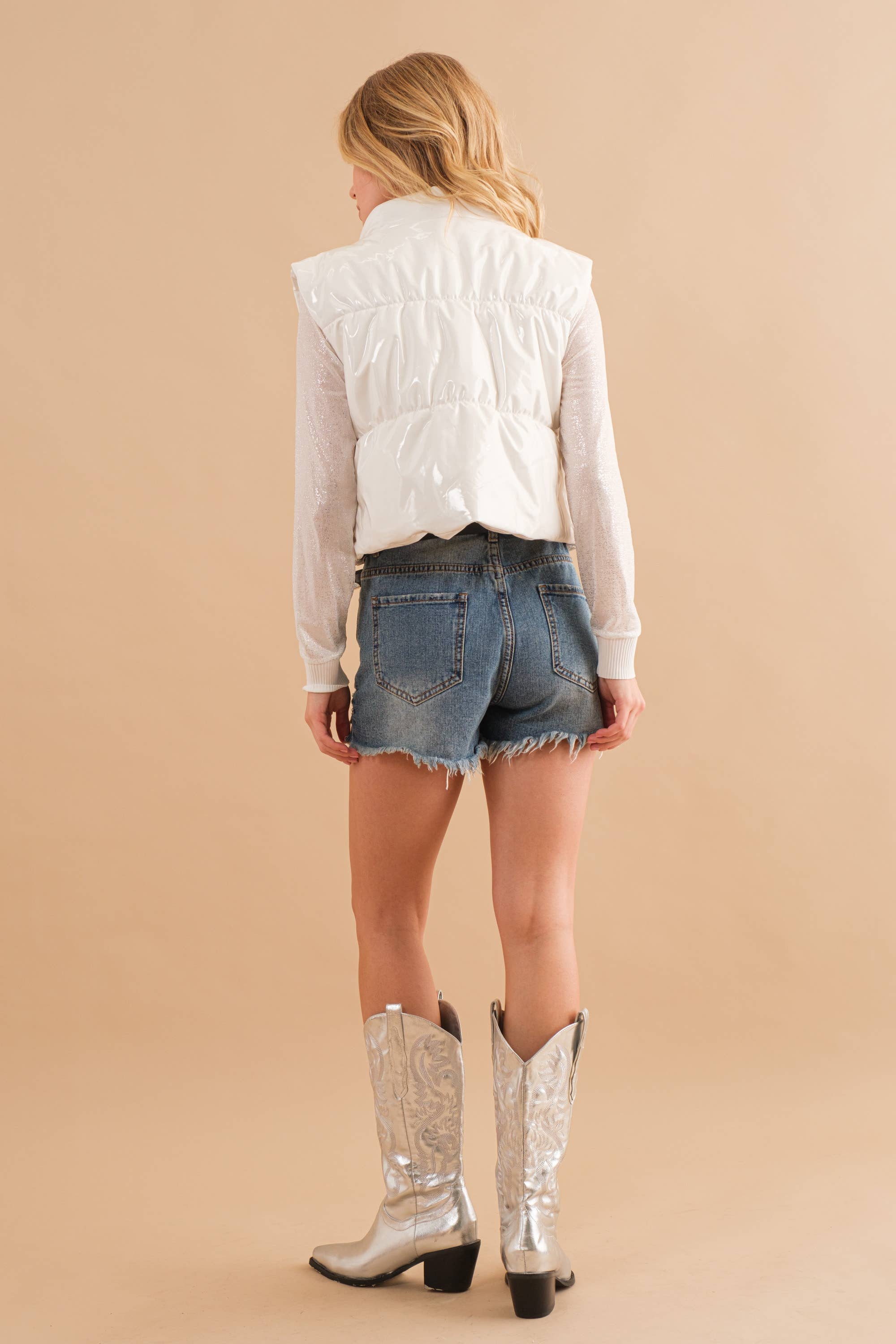 Blue B - Wholesale Outerwear Vest - Women's - 22656J - Gloss Shiny PU Quilted Puffer Zip Up Crop Vest40