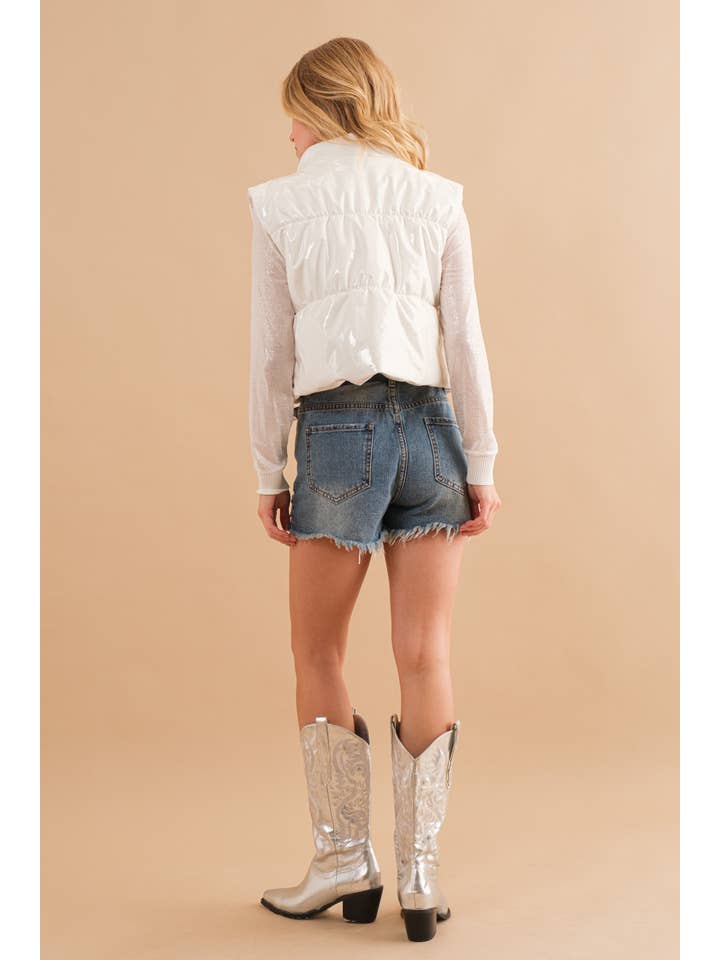 Blue B - Wholesale Outerwear Vest - Women's - 22656J - Gloss Shiny PU Quilted Puffer Zip Up Crop Vest40