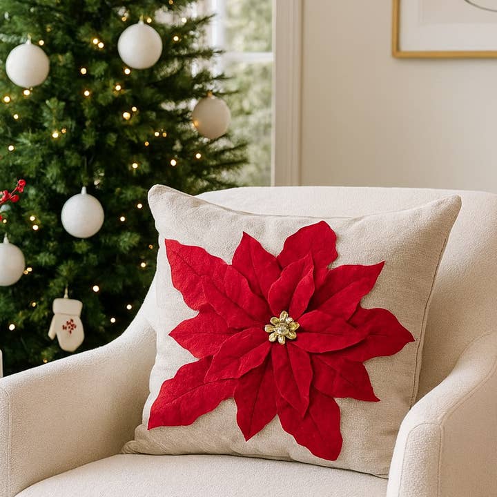 Red Felt Poinsettia Gold Belts Natural 17" Throw Pillow for wholesale by Fennco Styles