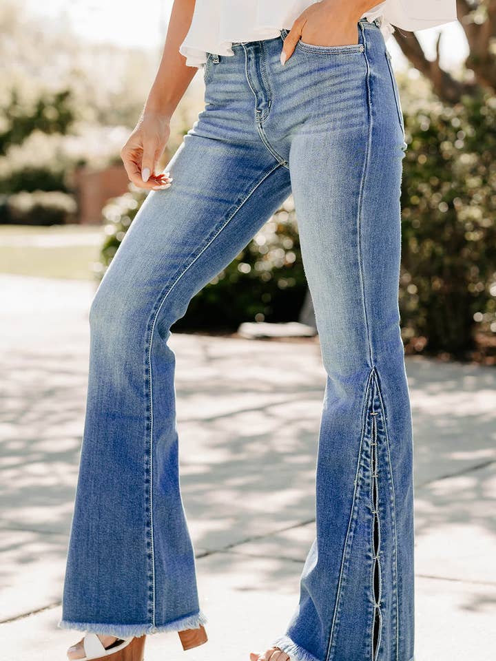 Ashleigh Blue Cut out Side Frayed Hemline Flare Jeans for wholesale on Faire0