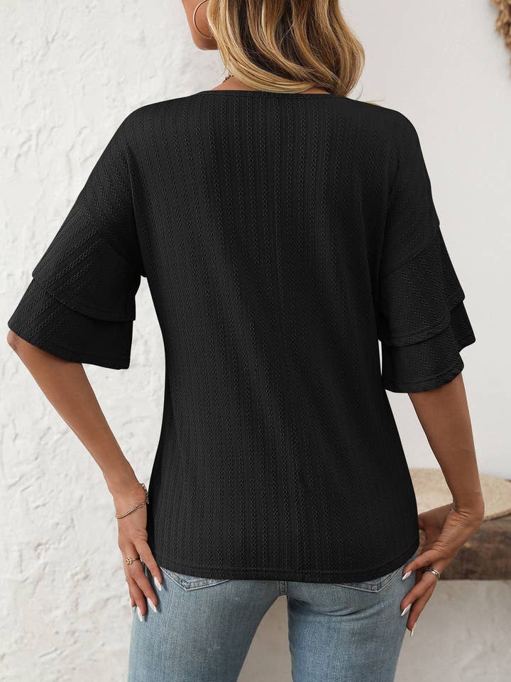 Lovesoft - Wholesale Blouse - Women's - 2026 Spring Solid Color V-Neck Ruffle Sleeve ShortSleeve Top3