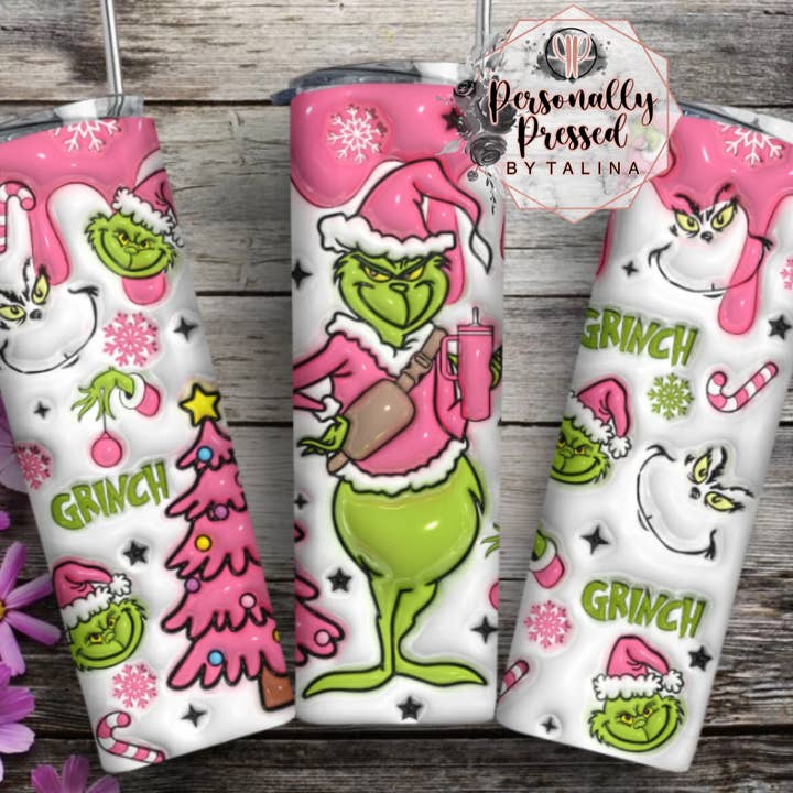 3D Puffy Effect Pink Grinch Tumbler for wholesale by Personally Pressed Boutique
