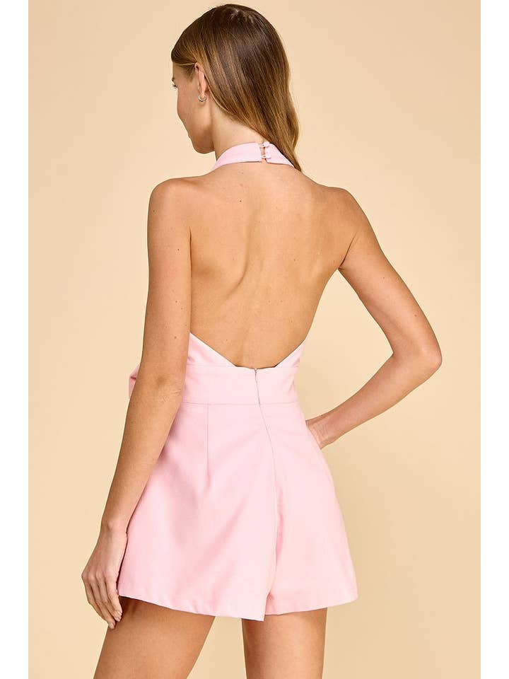 Pink CP10108-Halter Neckline Front Bow Detail Romper for wholesale on Faire3