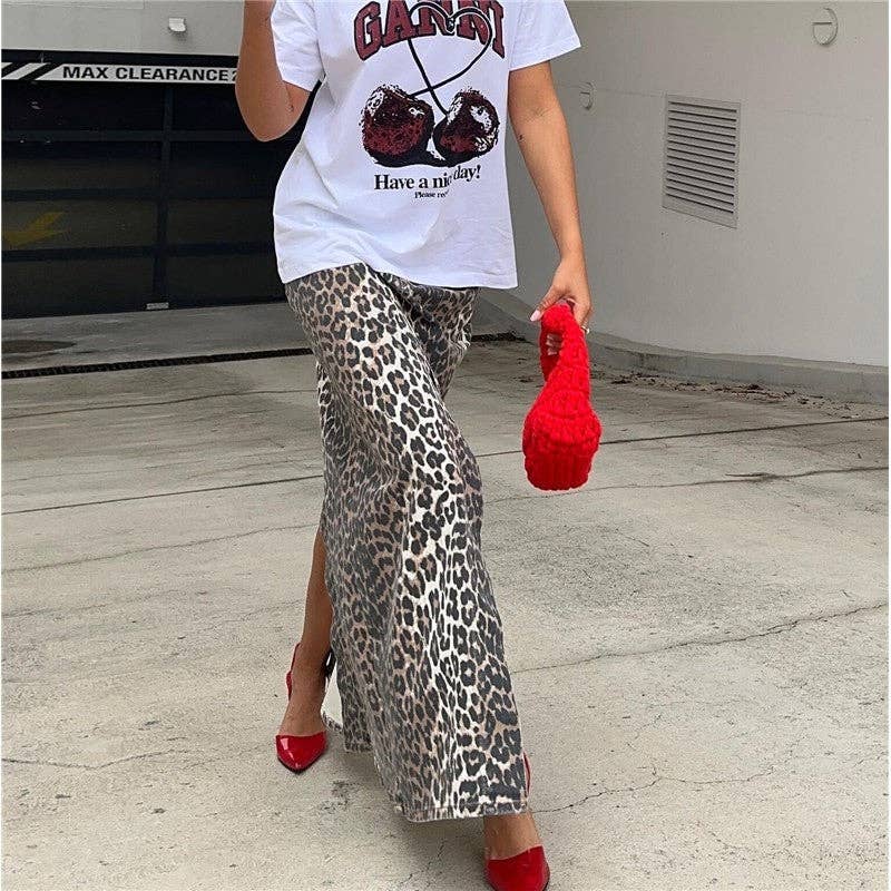 LEOPARD Midi-kjol med leopardmönster, smal passform och hög slits för wholesale på Faire3