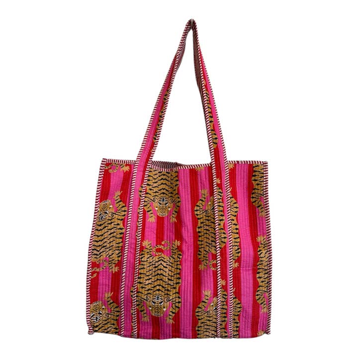 Quilted Block Print Tote - Pink Tiger for wholesale by Golden Lily