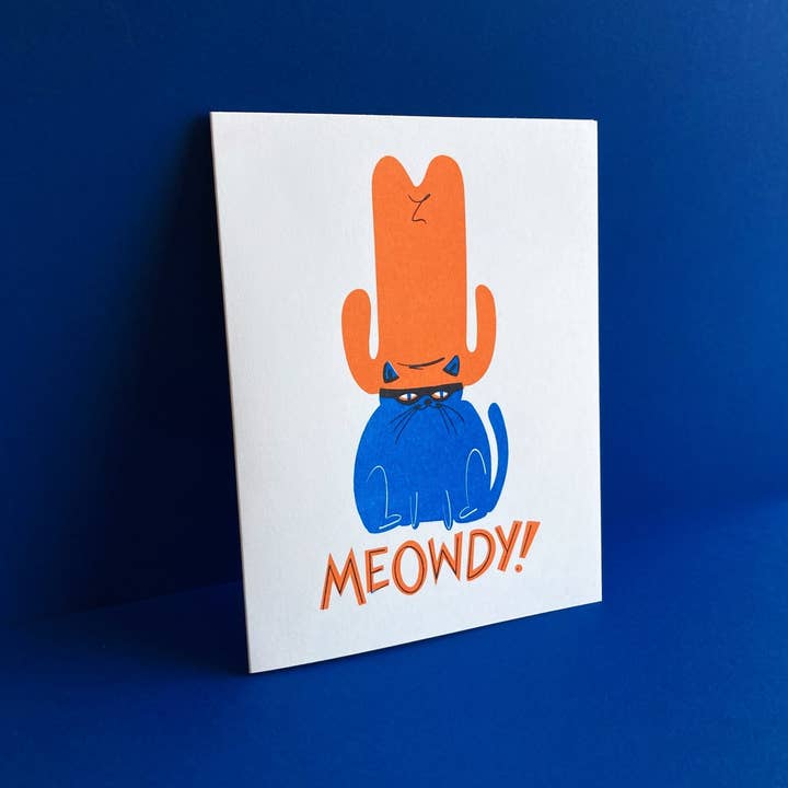 Pier Six Press - Wholesale Everyday Greeting Card - Meowdy Cat - Fun Risograph Greeting Card