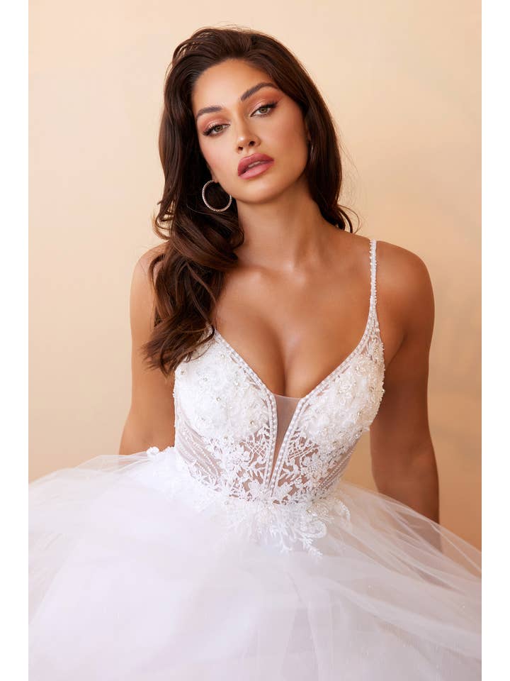 Off White Layered Tulle A-line Bridal Gown with Embellished Lace for wholesale on Faire