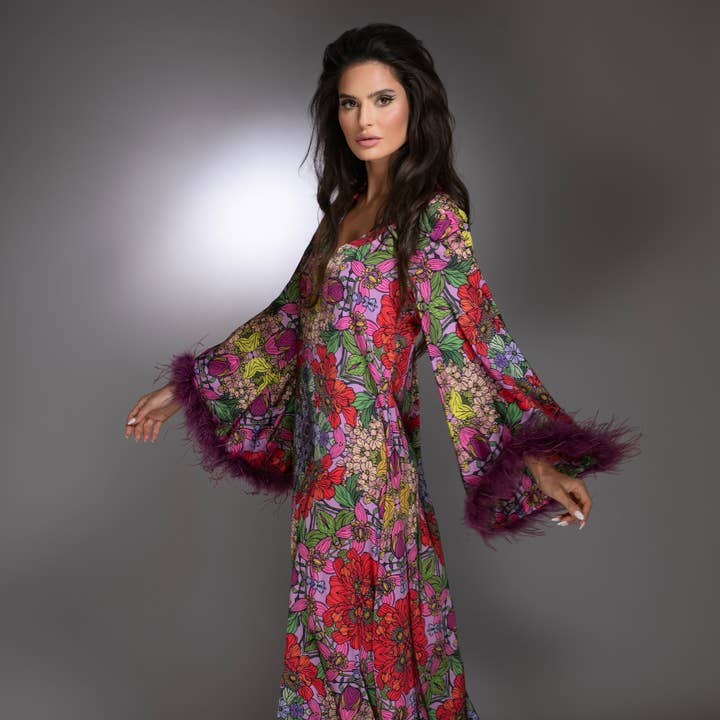 Red Floral High-Low Gown Dress with Ostrich Feather Bell Sleeves and other Purchase Wholesale purple ostrich feathers. Free Returns & Net 60 Terms on Faire trending on Faire.