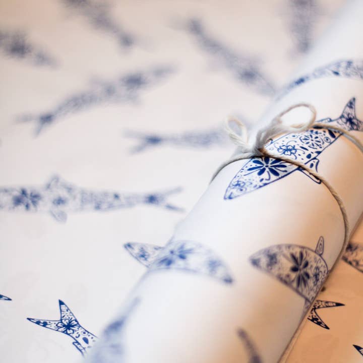 Scribbles and Doodlez - Wholesale Flat Wrap - Blue Sardine | Watercolor Wrapping Paper Sheet