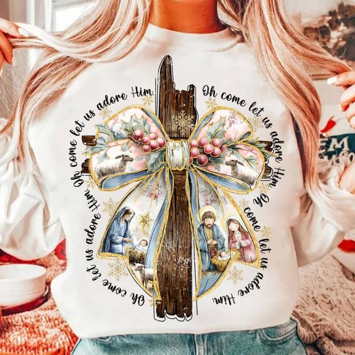 Jesus Christmas Bow Glitter Sweatshirt, Glitter Xmas-Shirt für den Großhandel von NVC Ecommerce LLC