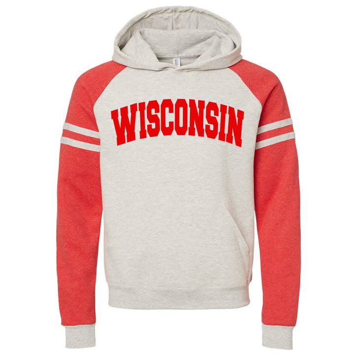 Wisconsin Varsity Colorblocked Raglan Hoodie / Sweatshirt for wholesale by Wi-Wear