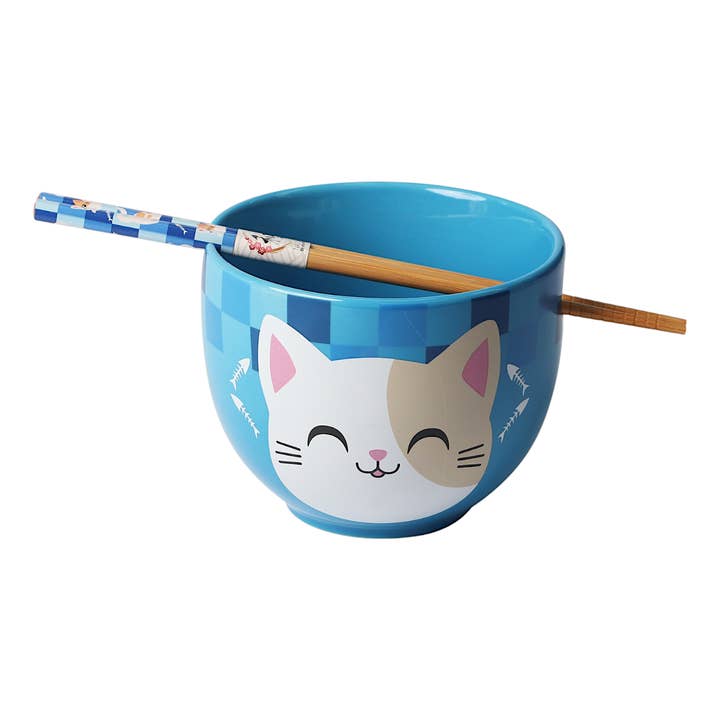 Urban Tokyo - Wholesale Bowl - 18oz 5"D Donburi Bowl With Chopsticks Set Neko Friends Blue (4/16)