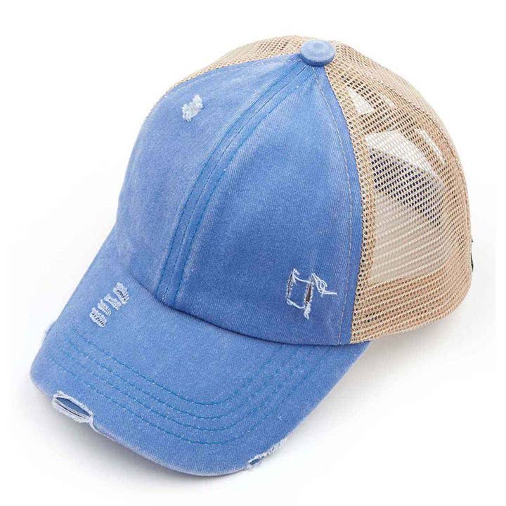 Fashion City - Wholesale Trucker Hat - Women's - Washed Denim with Crossed Elastic Band Mess Back Cap2