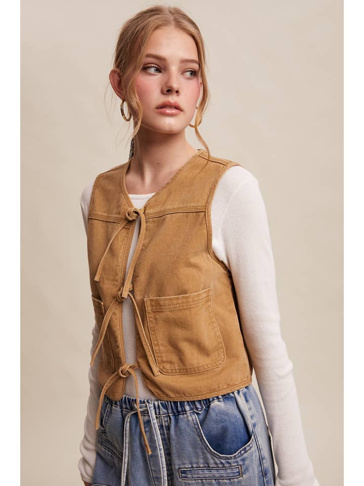 Listicle - Wholesale Outerwear Vest - Women's - Colored Denim Tie-Front Vest LVT01825