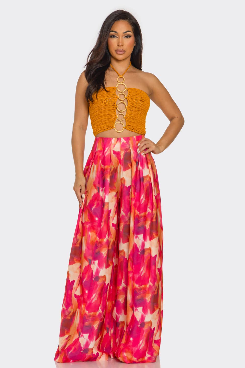 ORANGE MULTI HCCTPW633502Pc  Halterneck Top Printede Bukser med Vide Ben for engroshandel på Faire1