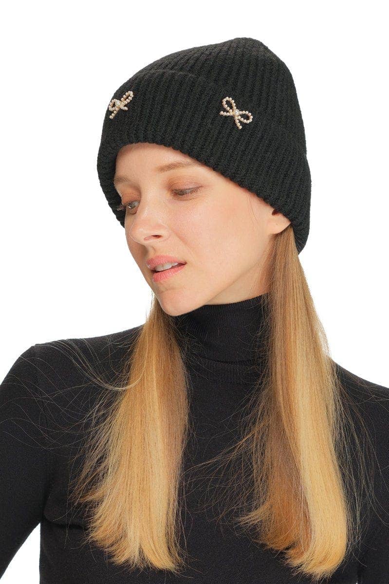 MiMi Wholesale - Wholesale Beanie - Women's - HTE0148 Three Pearl Bow Charm Cuff Beanie0