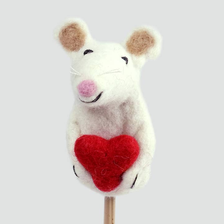 Finger Puppets - Valentine Mouse with Red Heart for wholesale by The Winding Road