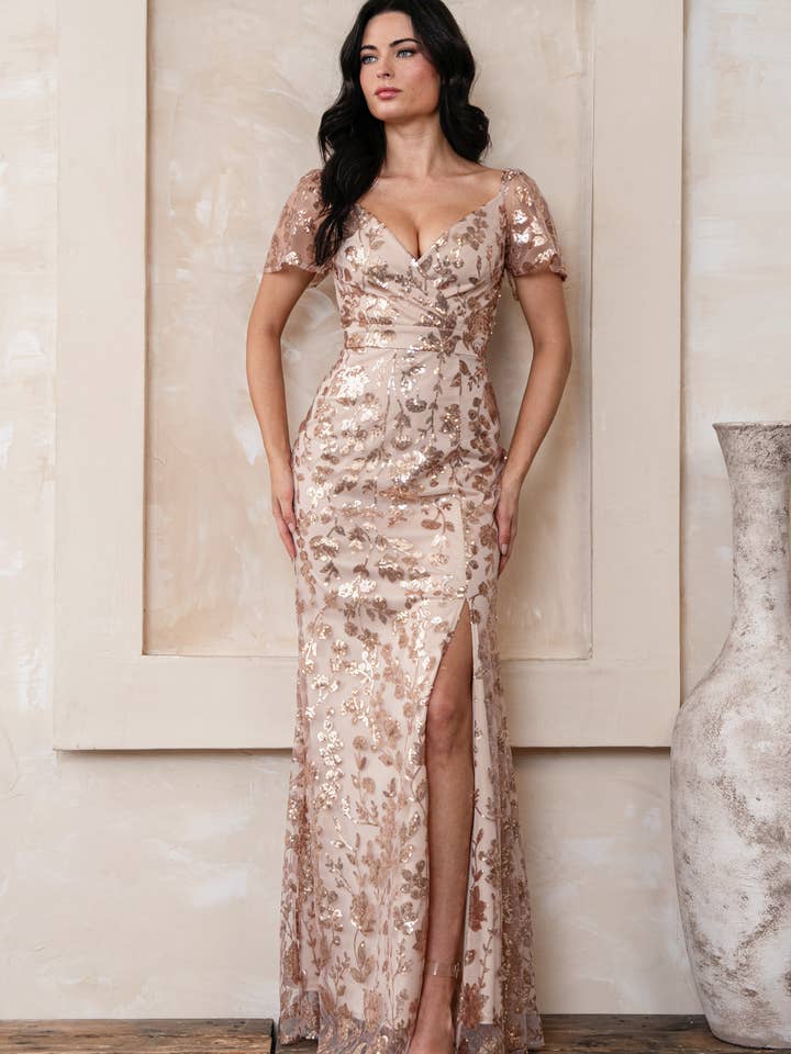 Rosemore Couture - Wholesale Gown - Women's - FLORAL SEQUINED MAXI DRESS WITH SLEEVES