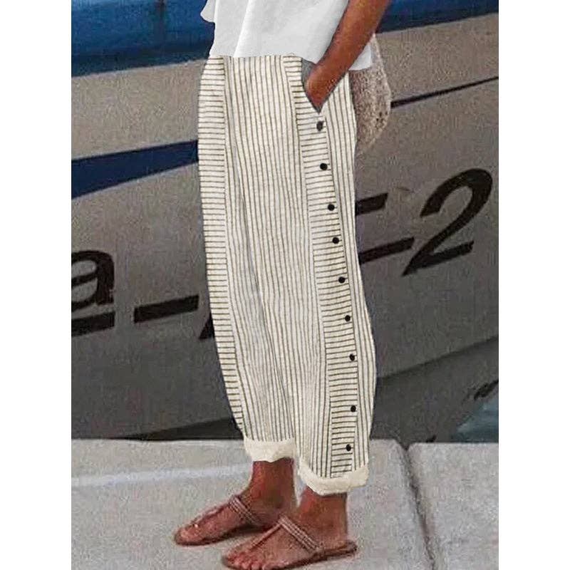 OceanusSwim – wholesale Pants – Women's – Loose Buttoned Pockets Striped Pants Trousers3