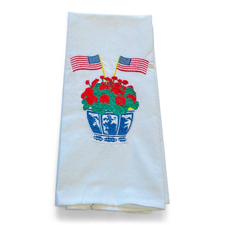 Towel - Geranium in Planter with American Flags on white for wholesale by Vibrantly Blue