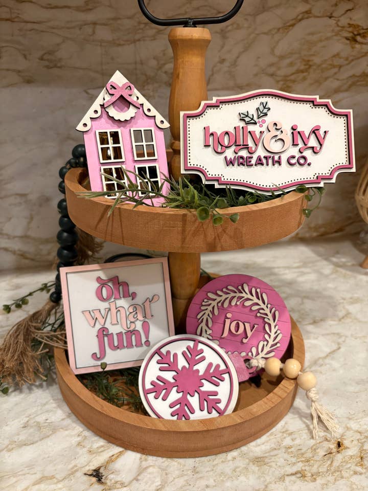 Holly & Ivy Christmas Tiered Tray Decor Set for wholesale by PepperJack Designs