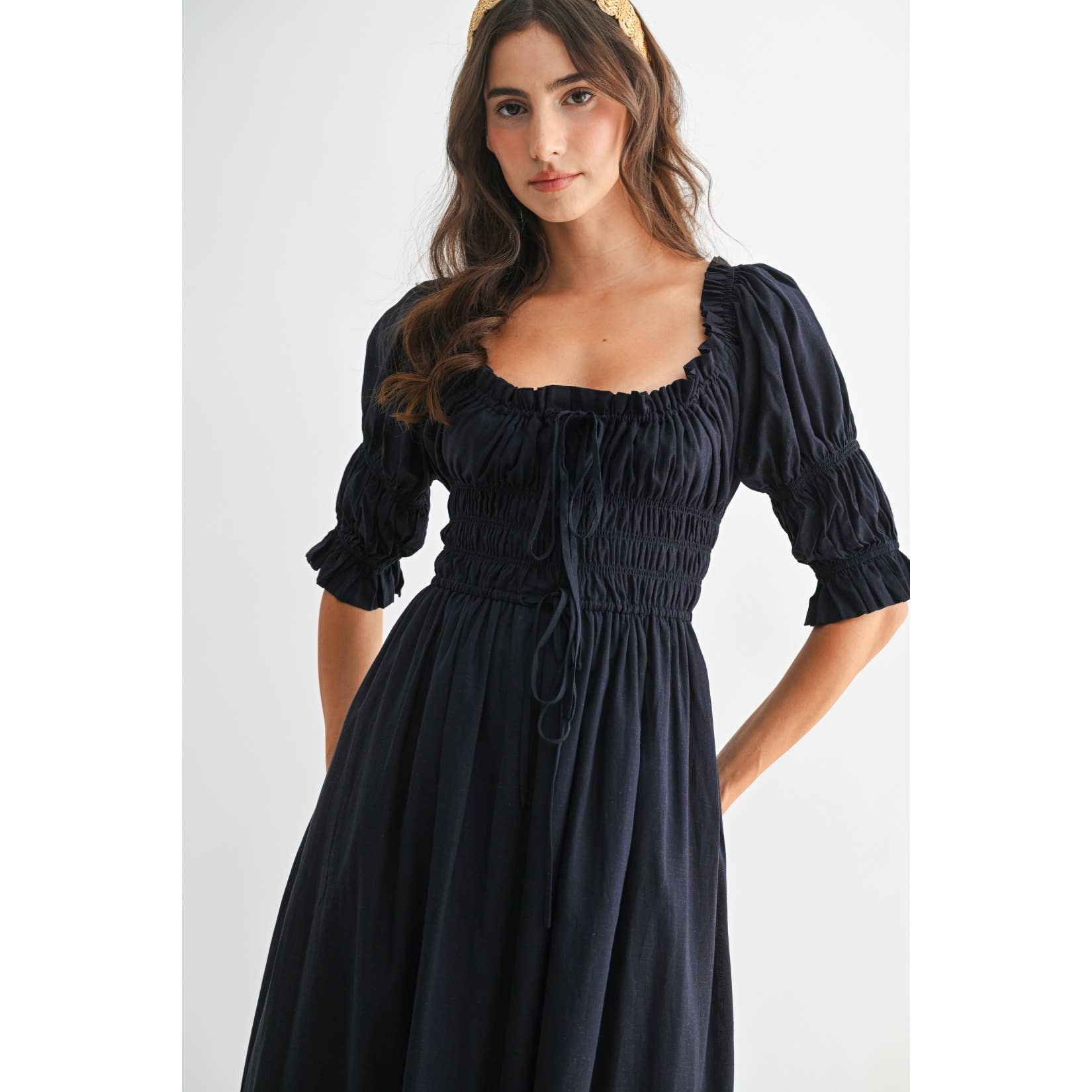 Camellia - Vente Robe – femme - ROBE MIDI ÉPAULES DÉNUDÉES SMOCKÉE AVEC JUPE PLISSÉE3