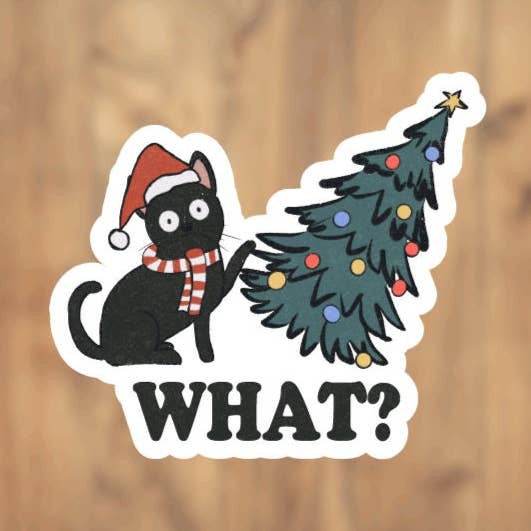 Santa Cat Knocking Over Christmas Tree Christmas Holiday Festive Vinyl Sticker for wholesale by All for Iris