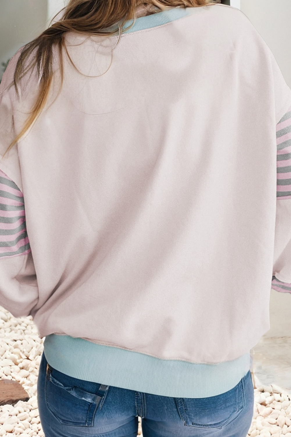 Little Daisy Closet - Wholesale Blouse - Women's -  LDC Striped Colorblock Patchwork Drop Shoulder Sweatshirt5