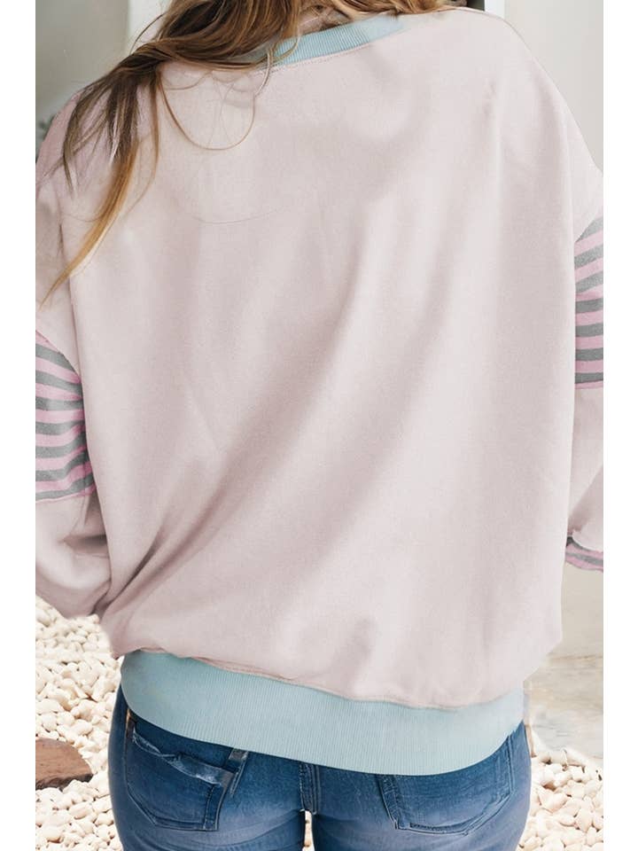 Little Daisy Closet - Wholesale Blouse - Women's - LDC Striped Colorblock Patchwork Drop Shoulder Sweatshirt5