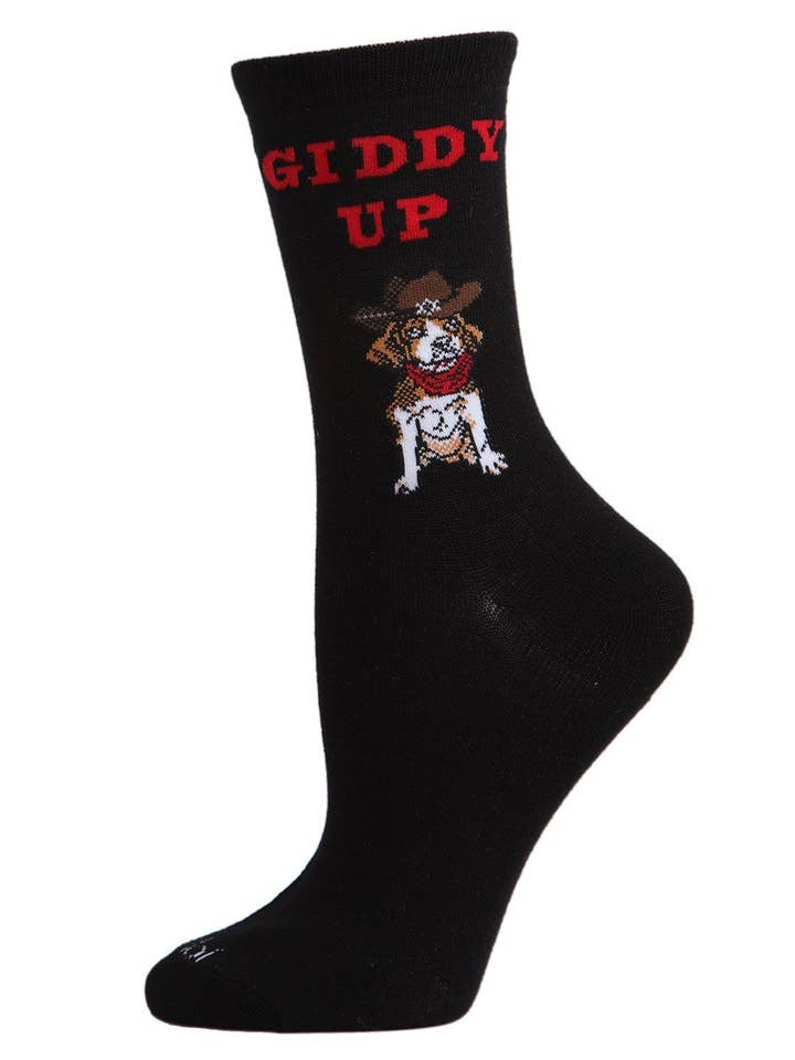 MeMoi Giddy Up Pup Bamboo Blend Crew Socks for wholesale by Infinity Classics International Inc.
