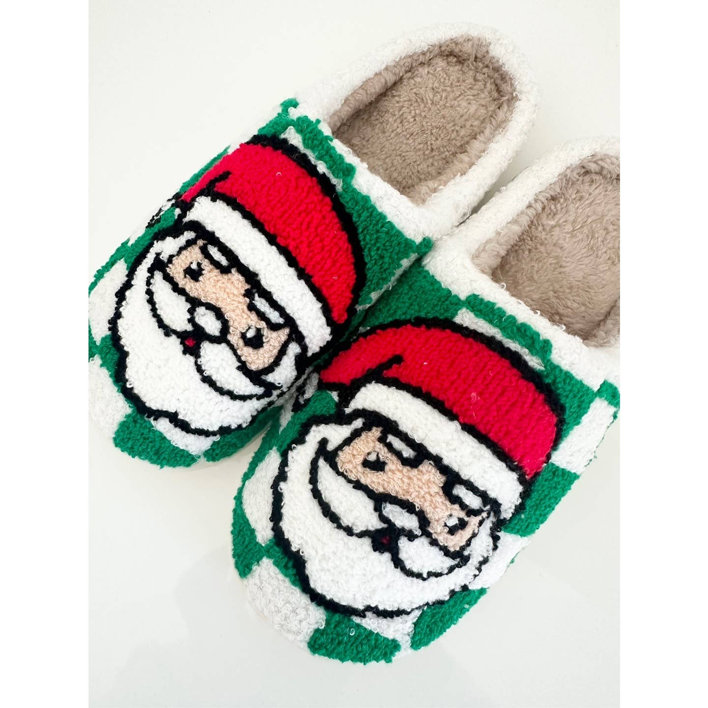 Festive Santa Green Checkered Cozy Slippers  for wholesale on Faire1