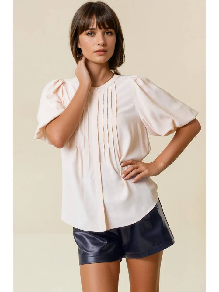 Doe and Rae - Wholesale Blouse - Women's - BUBBLE SHORT SLEEVE PINTUCK BUTTON DOWN BLOUSE - 44111T