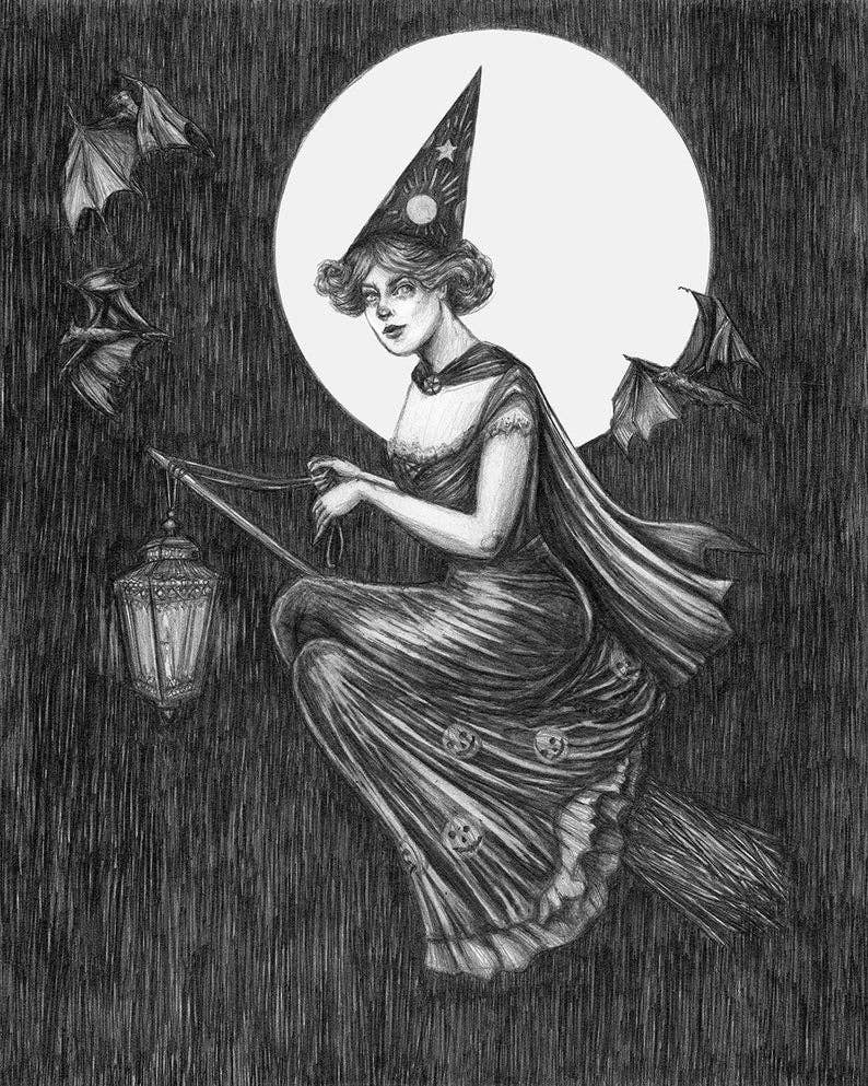 Caitlin McCarthy Art – wholesale Konsttryck – Av Lykta ljus Fine Art Tryck - Vintage Halloween Witch1