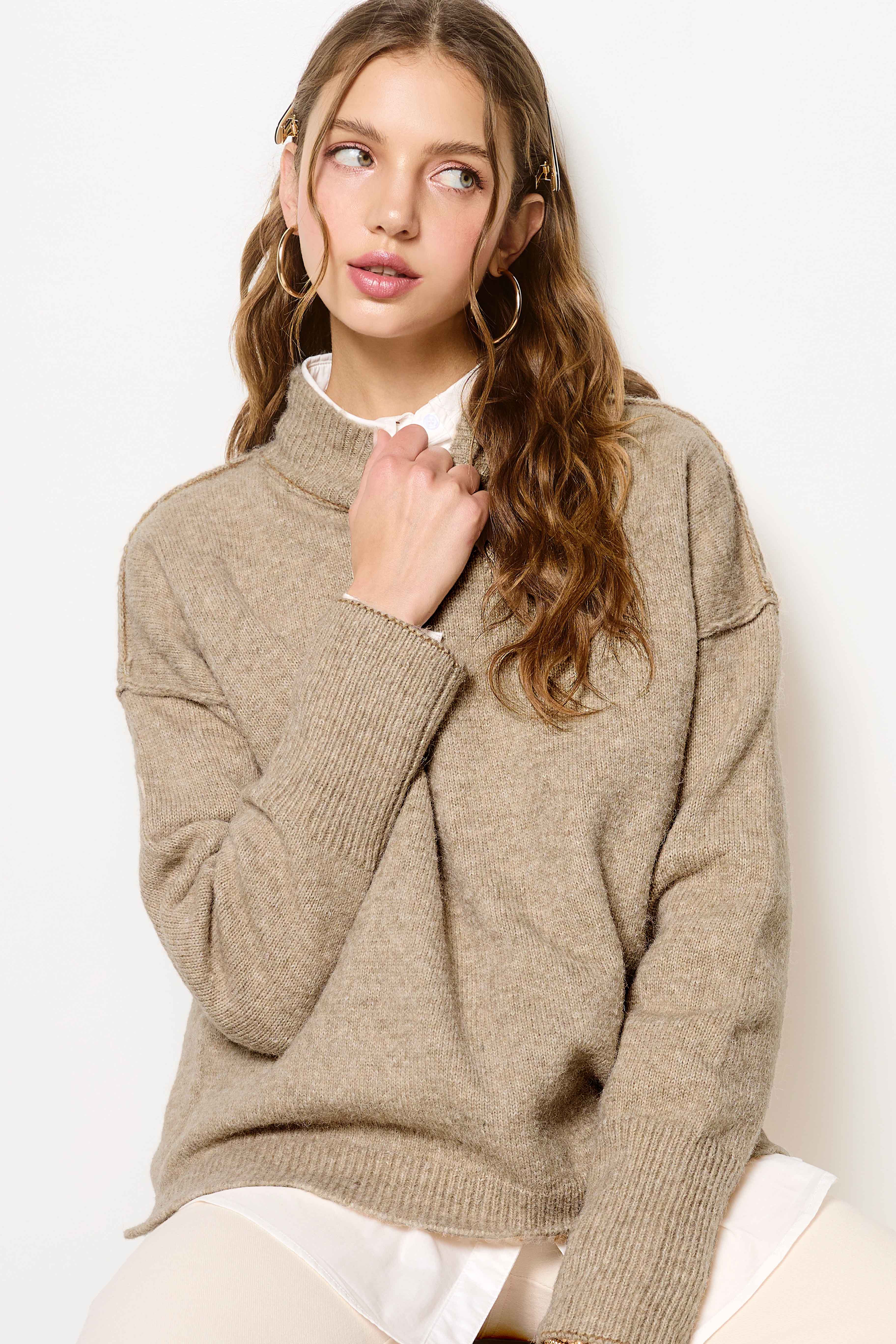 La Miel - Wholesale Knit Sweater - Women's - MCS3566-Loose Fit Mock Neck Exposed Seaming Detailed Sweater4