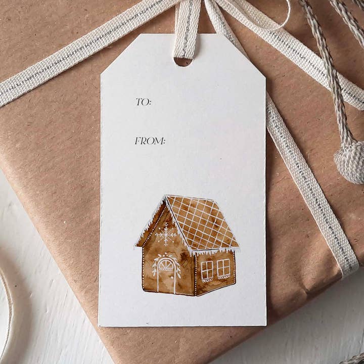 Étiquette cadeau Gingerbread House pour la vente par Jennie Kilcup Watercolors