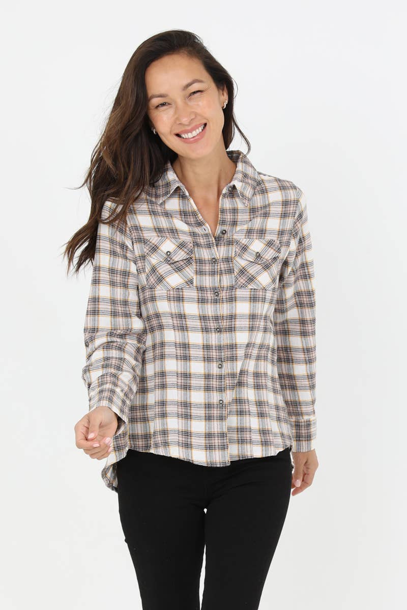 Nostalgia - Wholesale Button Down Shirt - Women's - N2C84-SC36 PLAID HI LO HEM LACE UP BACK BUTTON FRONT SHIRT2