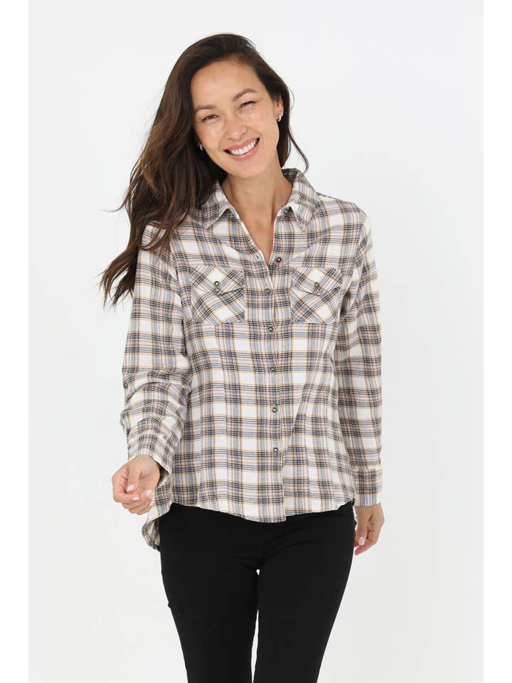Nostalgia - Wholesale Button Down Shirt - Women's - N2C84-SC36 PLAID HI LO HEM LACE UP BACK BUTTON FRONT SHIRT2