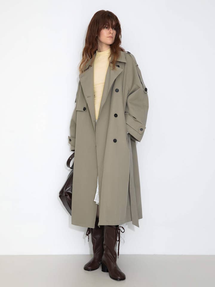 DarkSeaGreen 100% Cotton Oversized Mid-Length Raglan Sleeve Trench Coat for wholesale on Faire