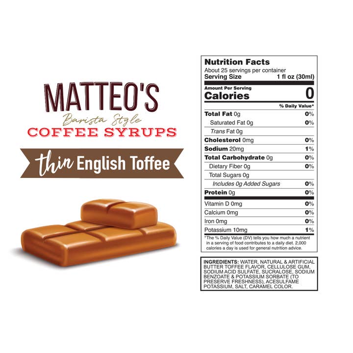 Matteo's - Wholesale Flavored Syrup - Matteo's Sugar Free Coffee Syrup, English Toffee, 0 Calories, 0 Sugar, Keto Friendly