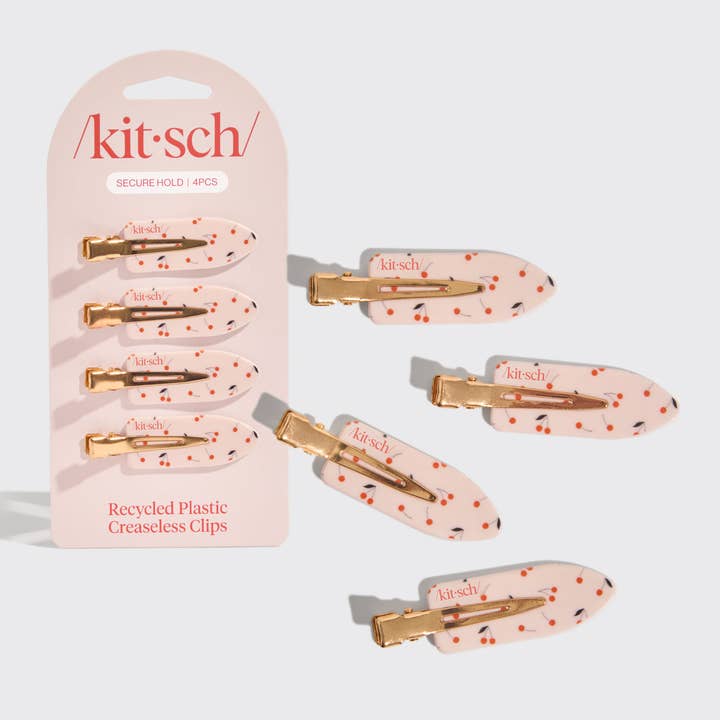 KITSCH - Wholesale Hair Clip - Women's - Recycled Plastic Creaseless Clips 4pc Set- Cherry Print