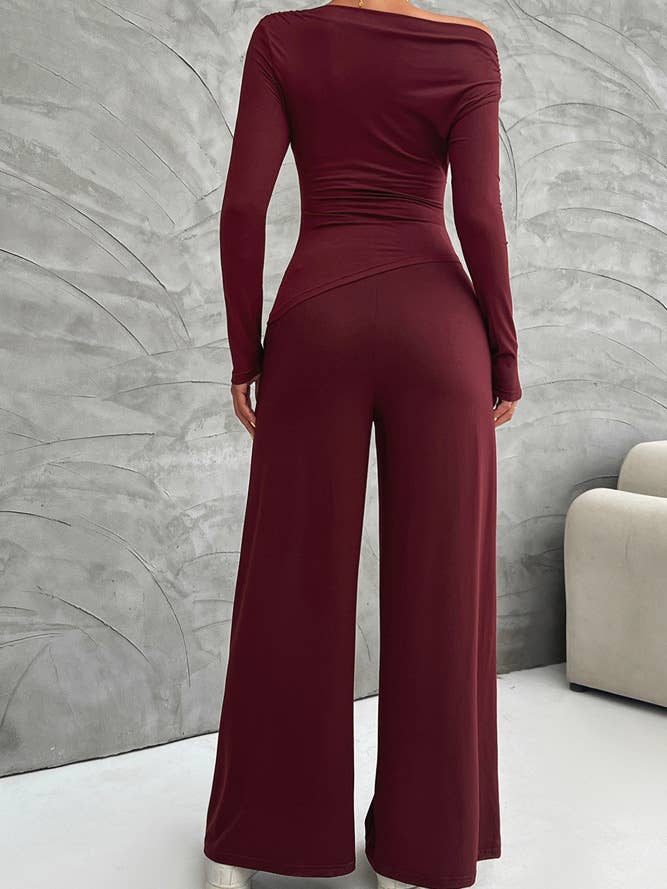 UNISHE - Wholesale Top & Pant Set (NOT Loungewear) - Women's - Casual Elegance Long Sleeve Top and Wide Leg Pants Set DY17515