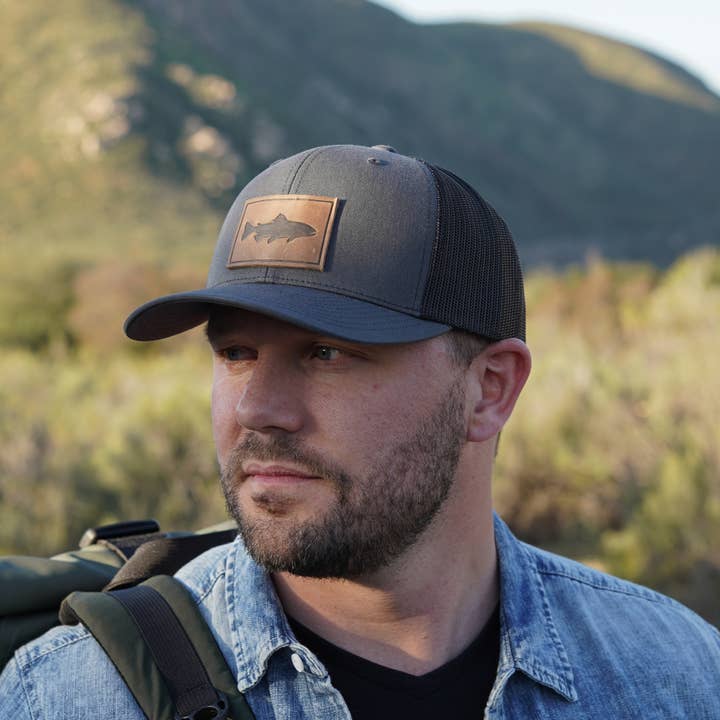Range Leather Co. - Wholesale Trucker Hat - Unisex - Trout Hat - Leather Patch Trucker Cap