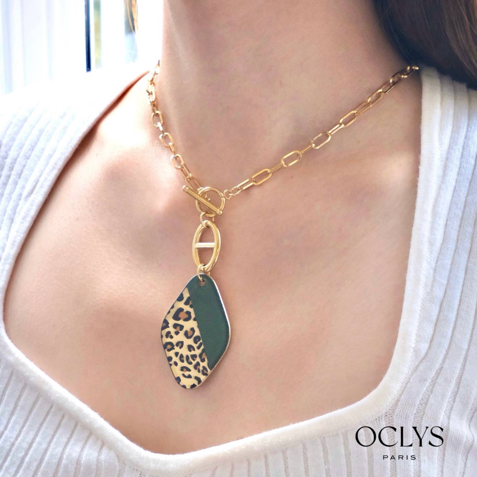 Oclys - Wholesale Link & Chain Necklace - Diamond chain necklace half colored leopard stainless steel3